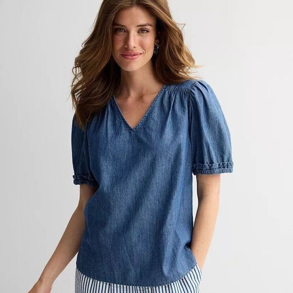 Draper James Denim V-Neck Puff Short‎ Sleeve Cotton Blouse XXL - Picture 1 of 11